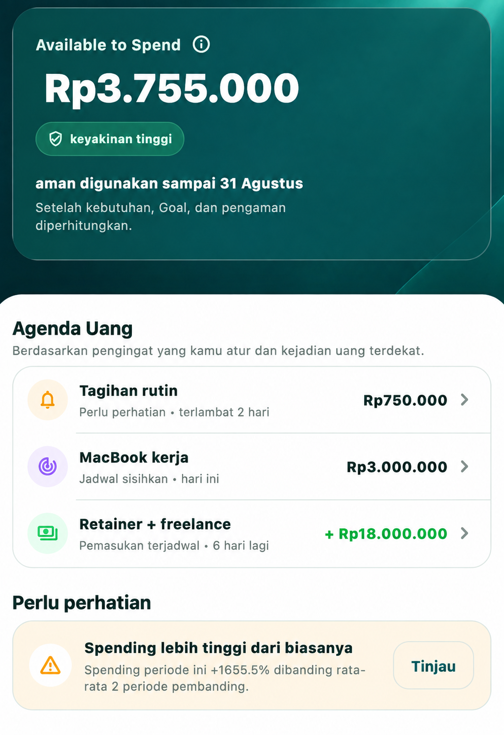 Tampilan Today Flora dengan Available to Spend, Agenda Uang, dan bagian Perlu perhatian.